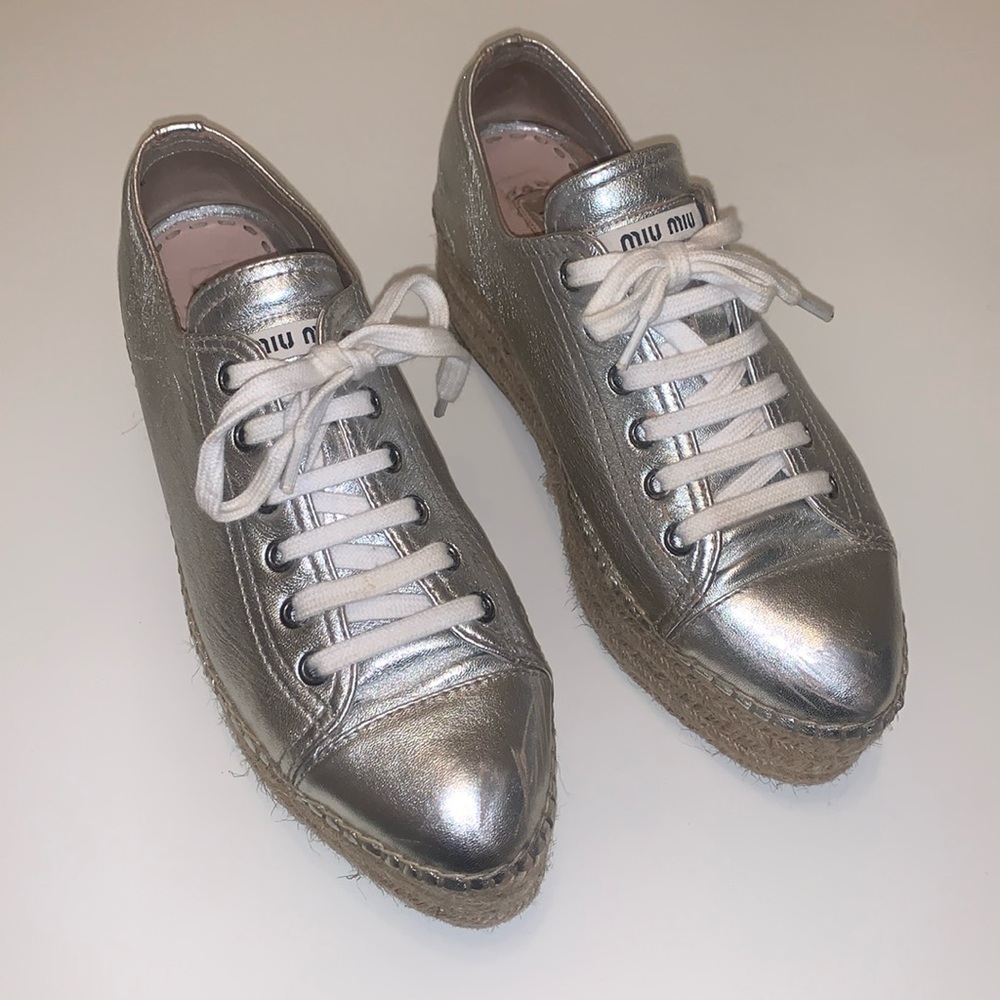 MIU MIU Silver Platform Espadrilles